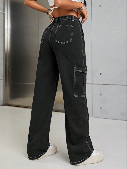 SHEIN - Top-stitching Flap Pocket Side Cargo Jeans