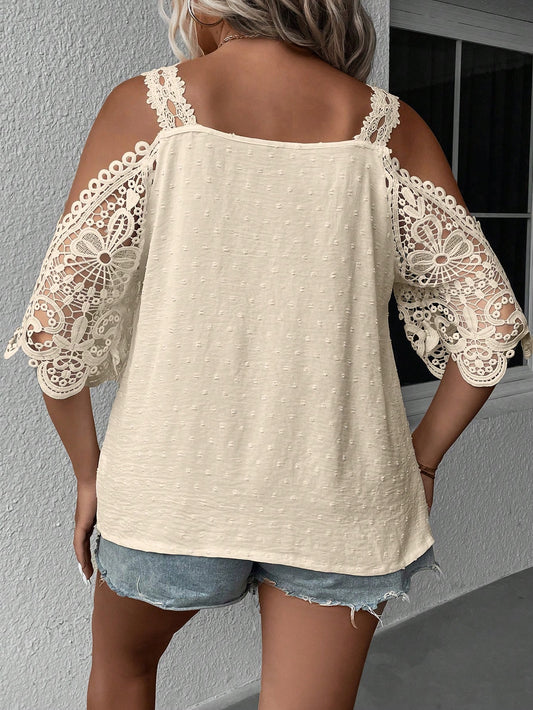 SHEIN - Swiss Dot Off Shoulder Guipure Lace Blouse