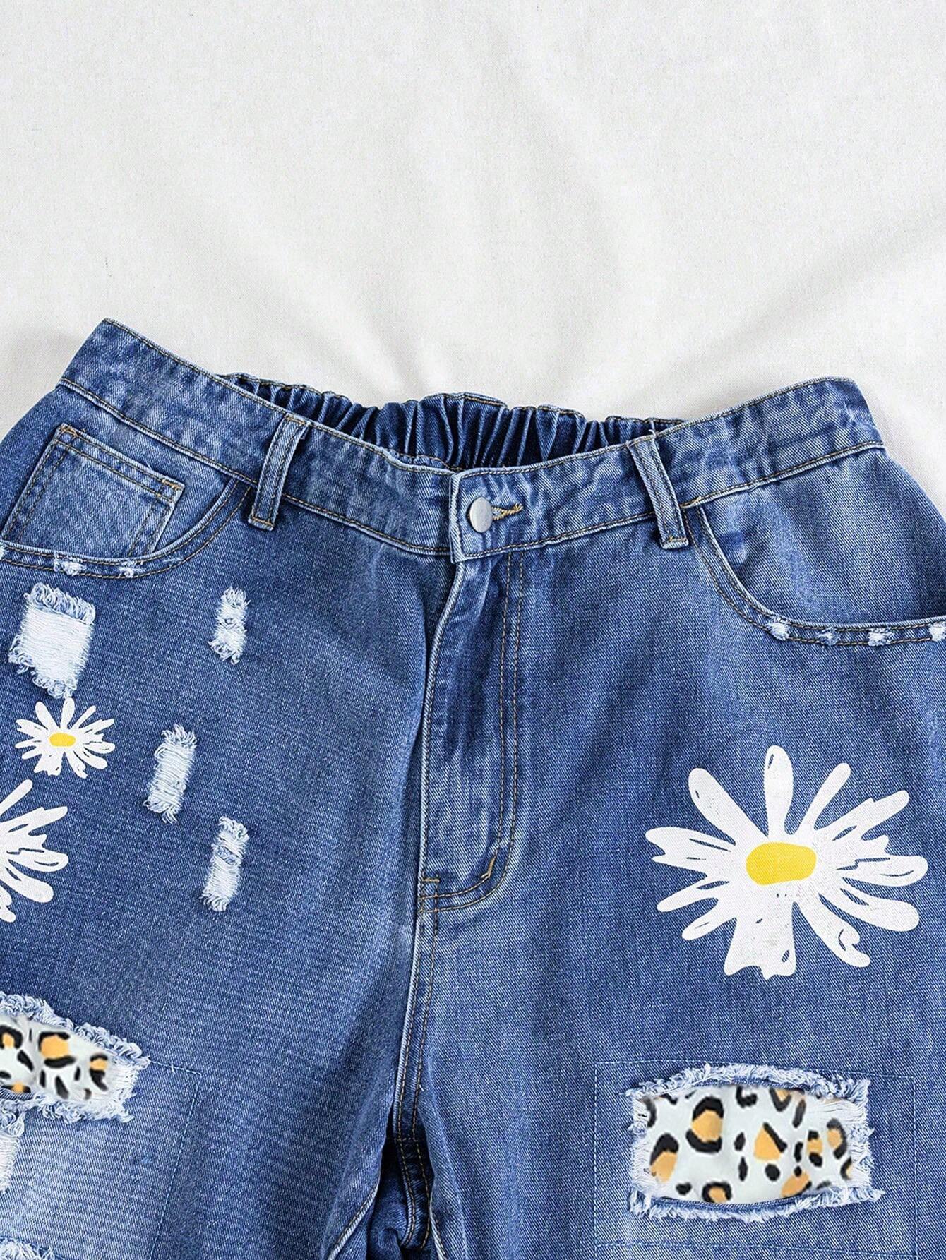 SHEIN - Printed Ripped Jeans