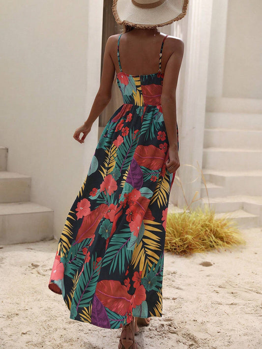 SHEIN - Tropical Print Split Waist Tie Up Maxi Dress
