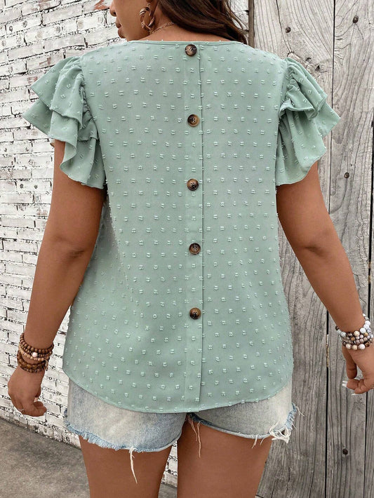 SHEIN - Solid Color Lotus Leaf Short Sleeve Blouse