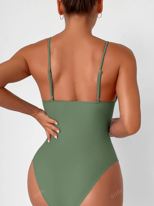 SHEIN - V-Neck Ruched One-Piece Swimsuit