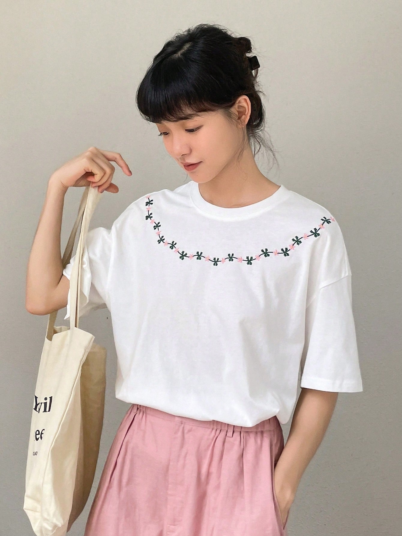 SHEIN - Floral Embroidered Off Shoulder T-Shirt
