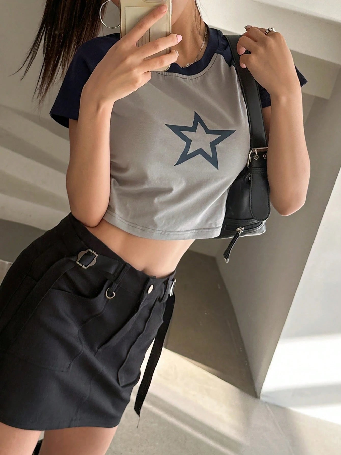 SHEIN - Star Print Raglan Sleeve Crop T-Shirt