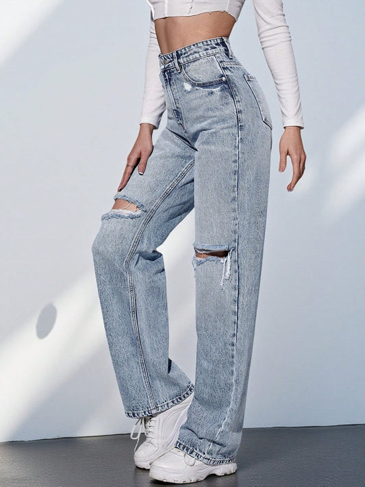 SHEIN -  High Waist Ripped Wide Leg Jeans
