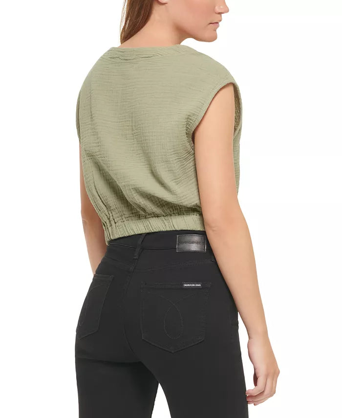CALVIN KLEIN - Cotton Crepe Gauze Cropped Tank Top