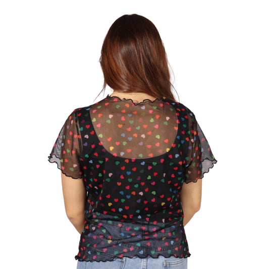 SHEIN - Heart print mesh t-shirt top