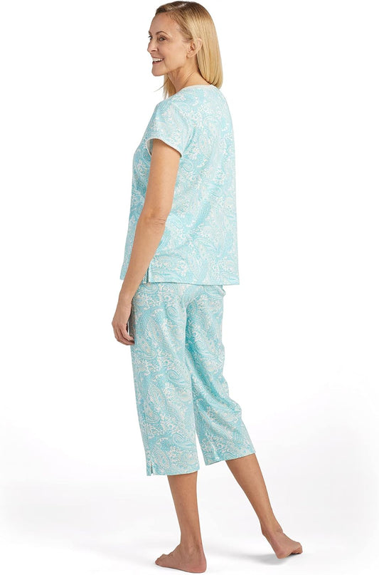 MISS ELAINE - Short Sleeve Top & Cropped Pant Printed Pajama Set