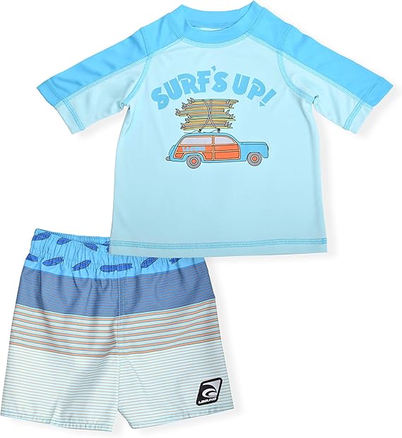 LAGUNA - Baby - Atoll 'Surf's up' Rashguard & Gray Stripe Boardshorts