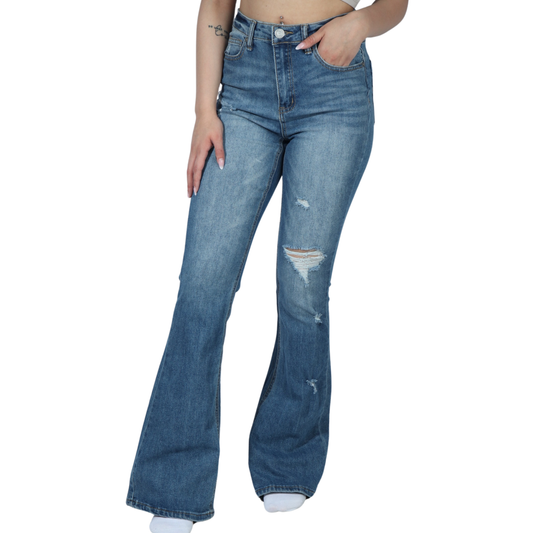 INDIGO REIN - Distressed knee bell botton denim