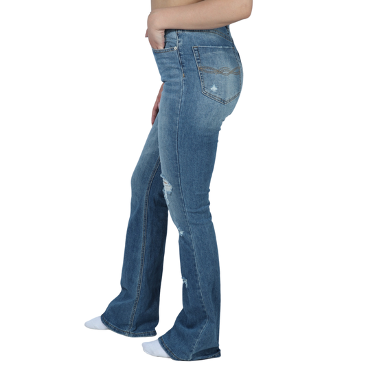 INDIGO REIN - Distressed knee bell botton denim