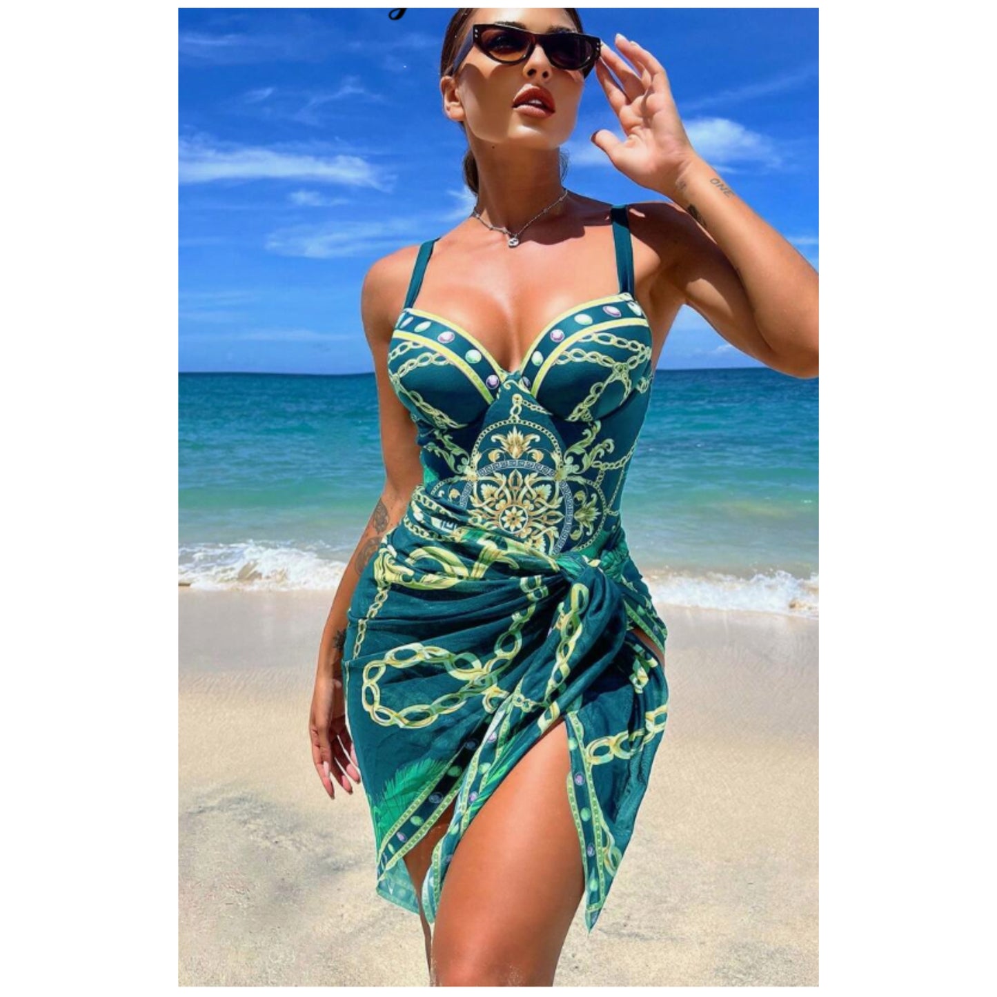 SHEIN - One Piece Padded Swimsuit Andv sKIRT Printed Design