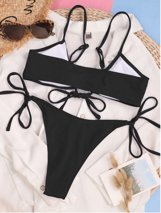 SHEIN - Swim Plain Ribbed Tie Waist Bikini