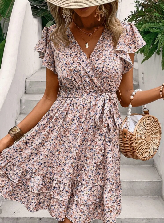 SHEIN - Print Butterfly Sleeve Ruffle Hem Dress