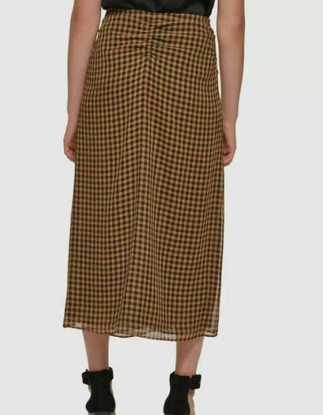 CALVIN KLEIN - Ruched Check Print MIDI Skirt