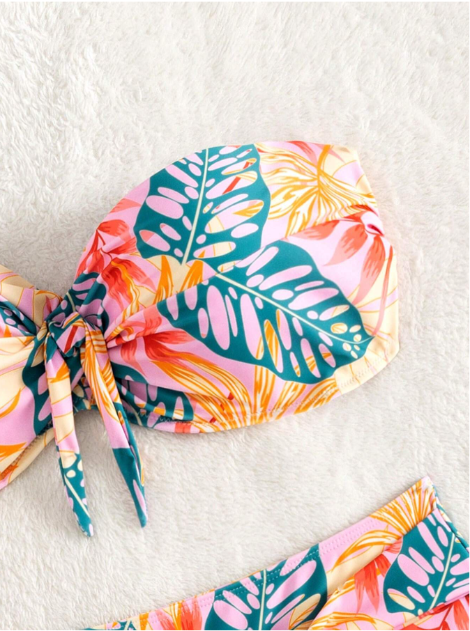 SHEIN - Print Front Knot Bandeau Bikini Swimsuit