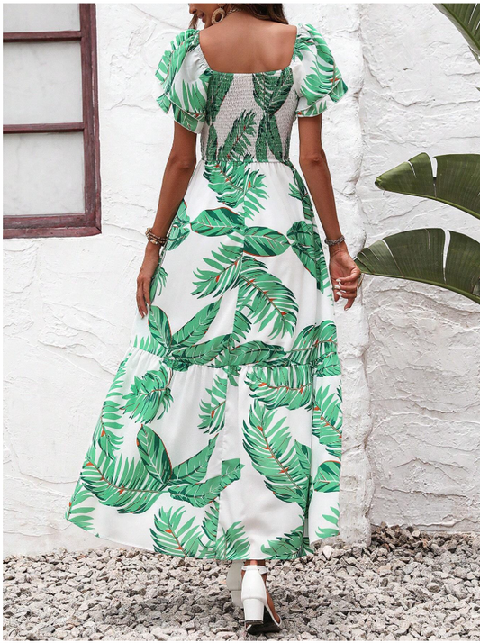 SHEIN - Tropical Print Butterfly Sleeve Ruffle Hem Dress