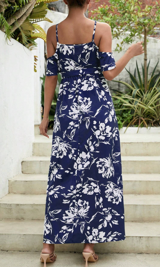 SHEIN - Off Shoulder Floral Print Belted Long Dress