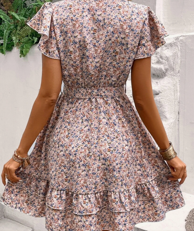 SHEIN - Print Butterfly Sleeve Ruffle Hem Dress