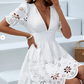 SHEIN -  Laser Cut Striped Bow  Puff Plunging Neck Sleeve Short Dress