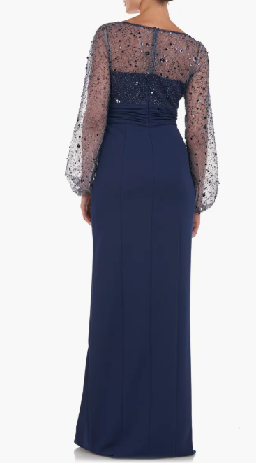 JS COLLECTIONS -  Embellished Mesh Balloon-Sleeve Gown