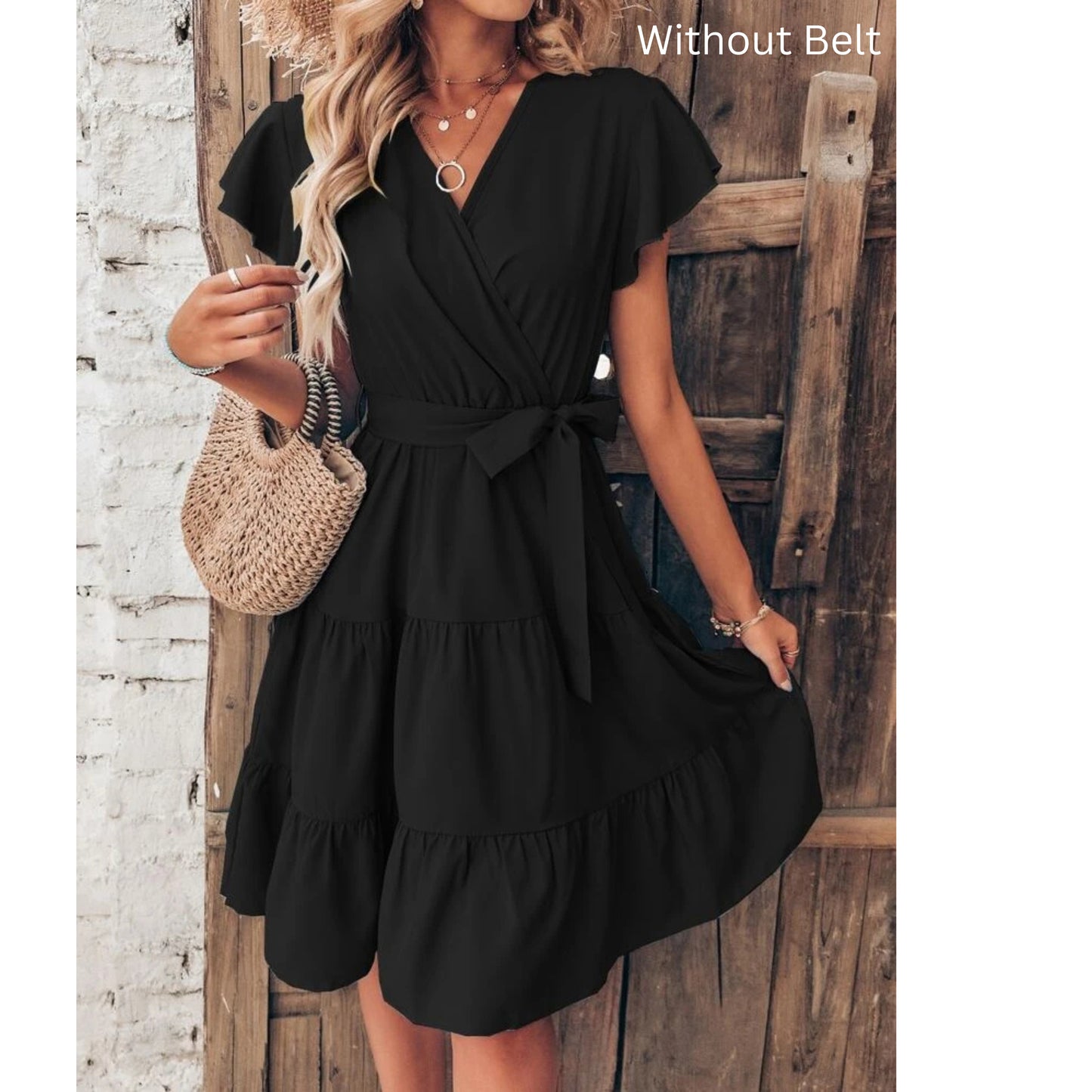 SHEIN - Butterfly Sleeve Ruffle Hem Belted Dress