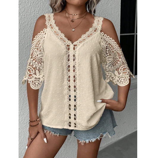 SHEIN - Swiss Dot Off Shoulder Guipure Lace Blouse