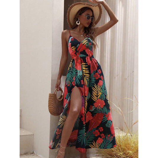 SHEIN - Tropical Print Split Waist Tie Up Maxi Dress
