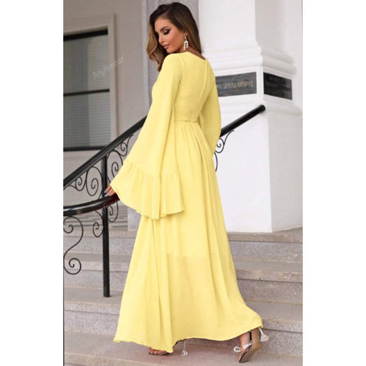 SHEIN -  Deep V-Neck Bell Sleeve Twist Waist High Slit Dress