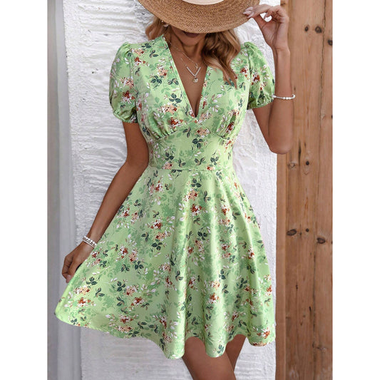 SHEIN - Floral V-Neck Short Puff Sleeve Casual Dress