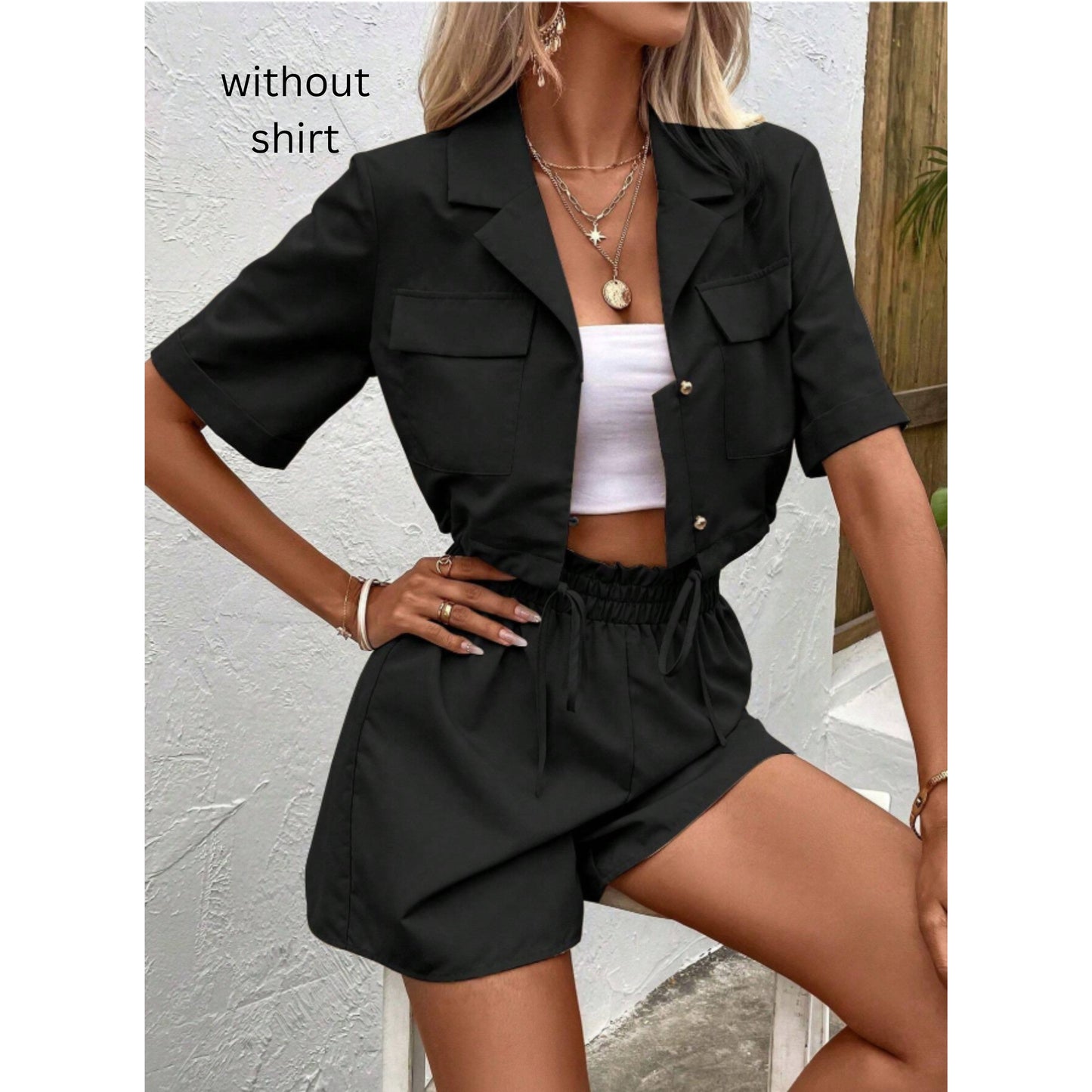 SHEIN - Flap Pocket Blouse & Paper bag Waist Shorts