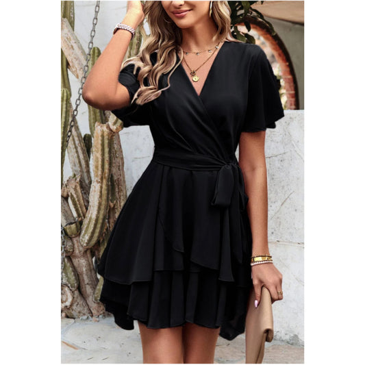 SHEIN - Butterfly Sleeve Belted Tiered Hem Dress