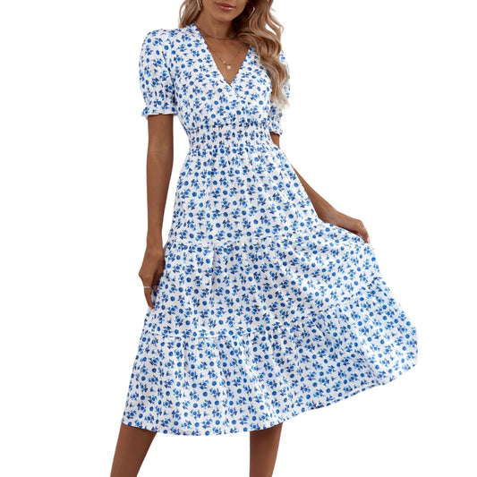 SHEIN - Floral Print Ruffle Hem Shirred A-line Dress