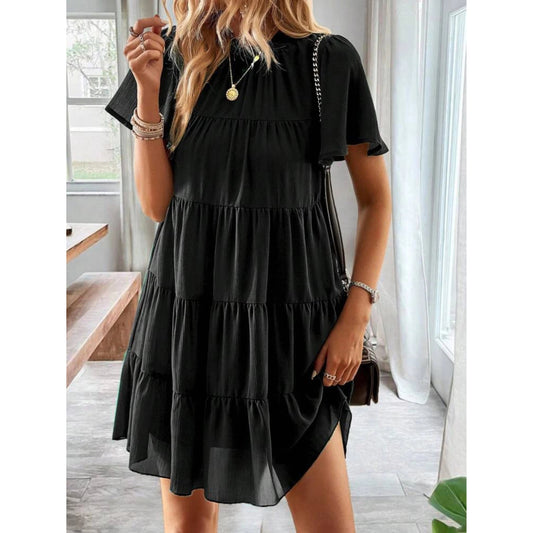 SHEIN - Solid Layered Ruffle Hem Smock Dress