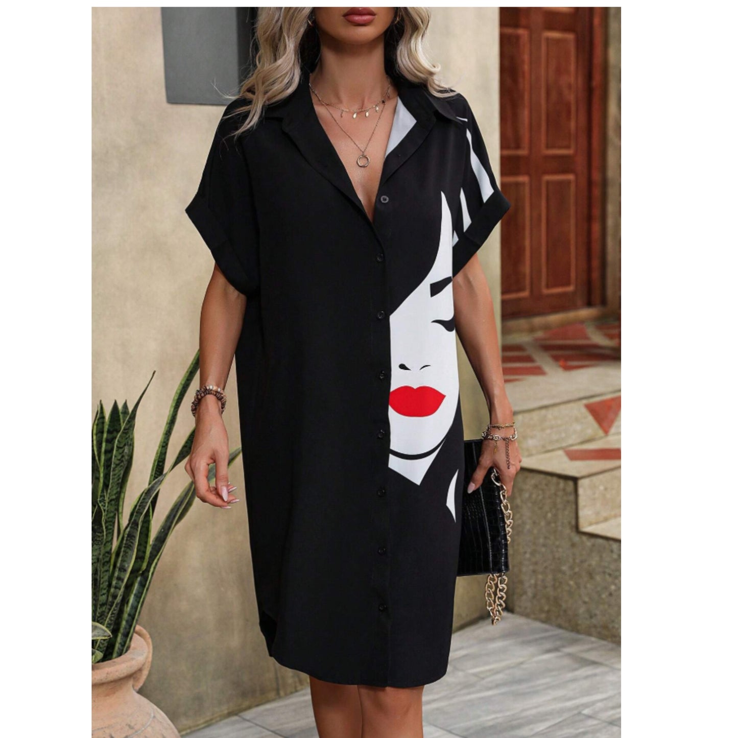 SHEIN - Batwing Sleeve Graphic Shirt Dress