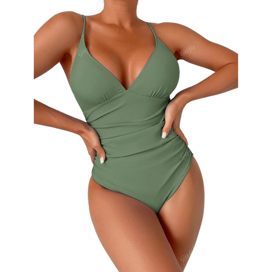 SHEIN - V-Neck Ruched One-Piece Swimsuit