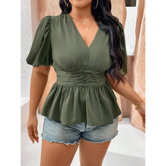 SHEIN -  V-Neck Bubble Sleeve Gathered Blouse