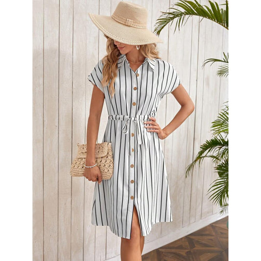 SHEIN - Striped Print Drawstring Waist Shirt Dress