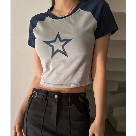 SHEIN - Star Print Raglan Sleeve Crop T-Shirt