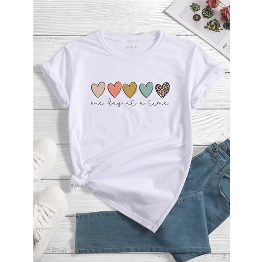 SHEIN -  Heart Print "One Day at a Time" T-Shirt