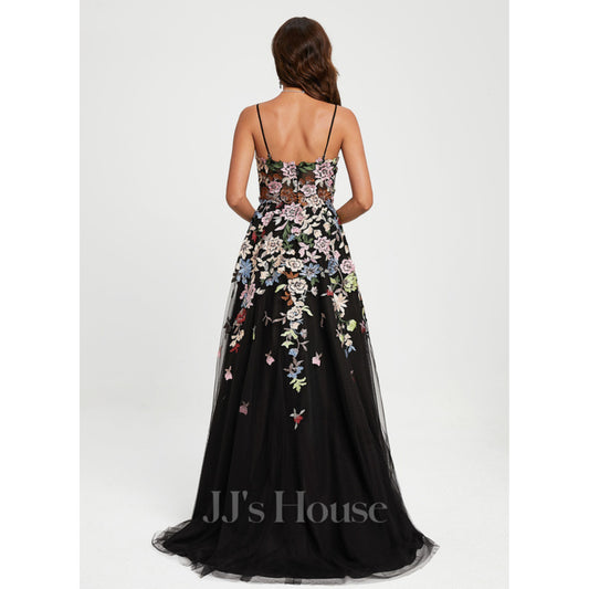 SHEIN -  V-Neck Sweep Train Tulle Floral Lace Prom Dresses