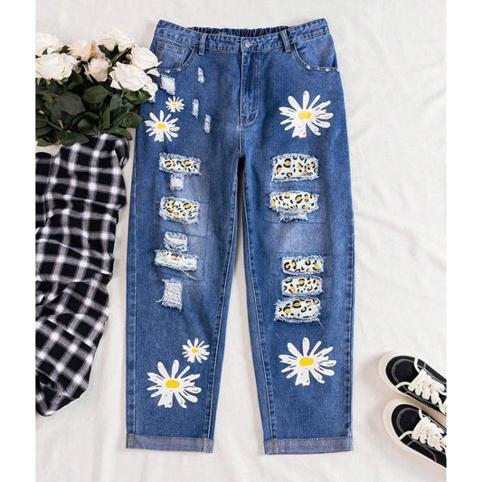 SHEIN - Printed Ripped Jeans
