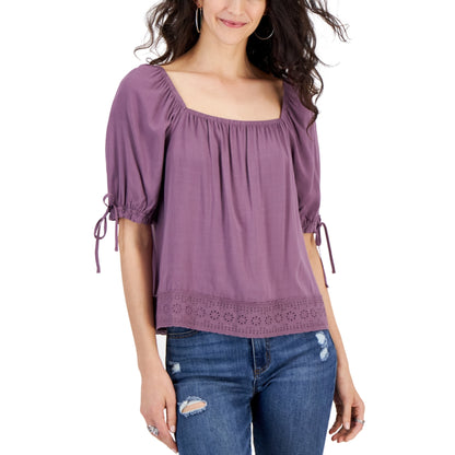 HIPPIE ROSE - Tie-Sleeve Square-Neck Crochet Blouse