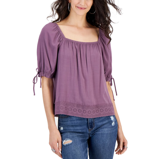 HIPPIE ROSE - Tie-Sleeve Square-Neck Crochet Blouse