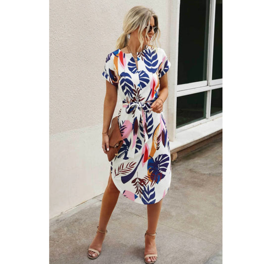 SHEIN - otched Neck Leaf Print Belted midi Dress