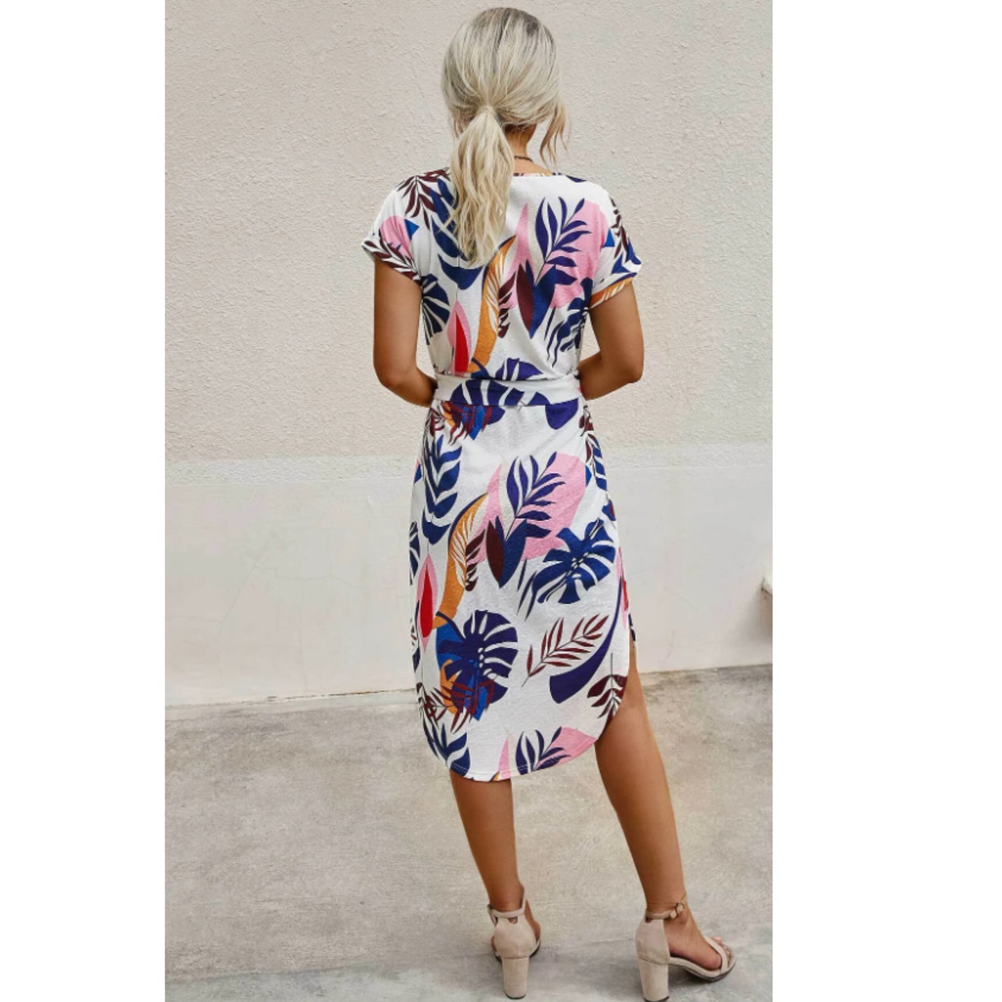 SHEIN - otched Neck Leaf Print Belted midi Dress