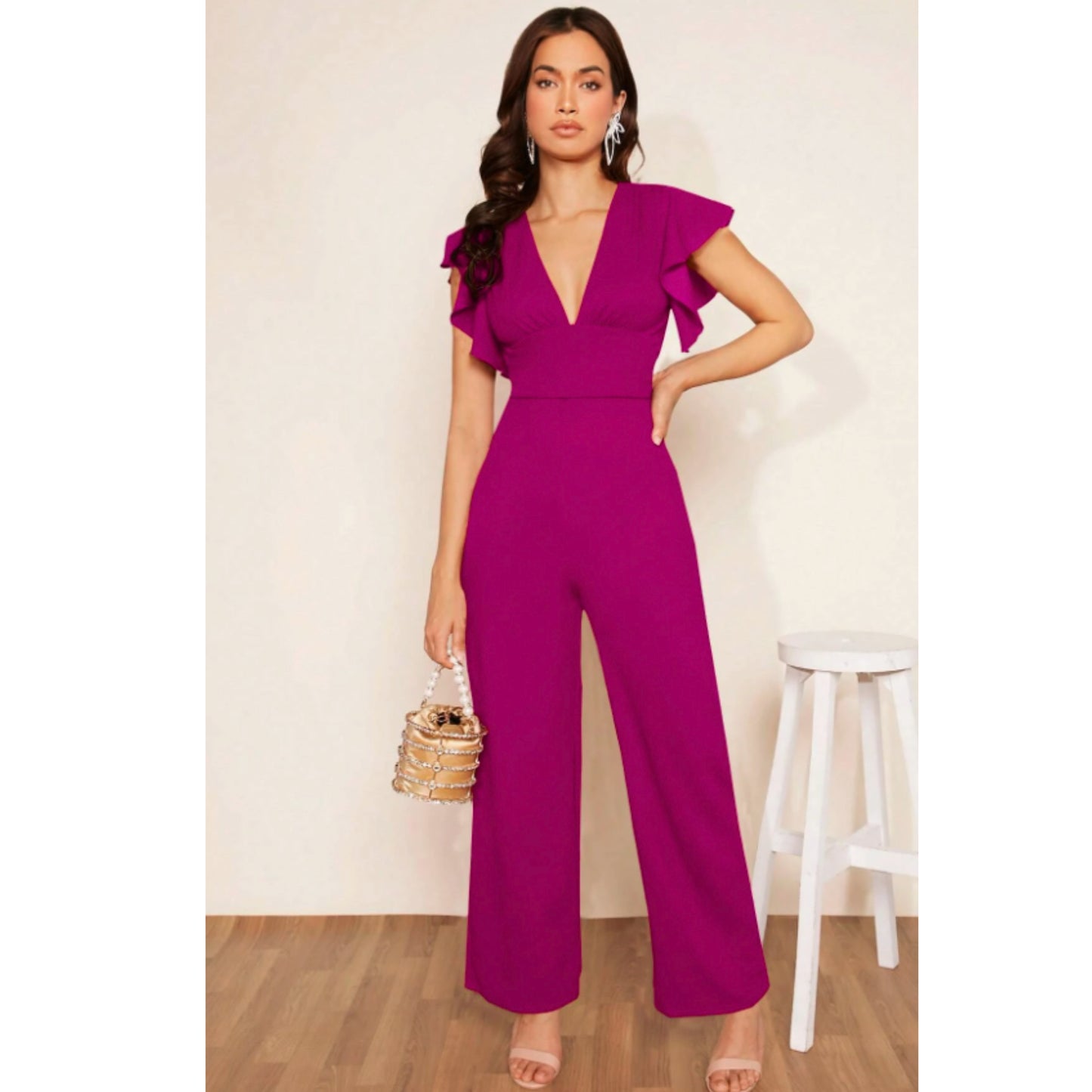 SHEIN - Plunging Neck Ruffle Trim Wide Leg overall