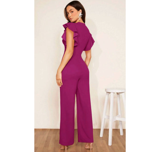 SHEIN - Plunging Neck Ruffle Trim Wide Leg overall