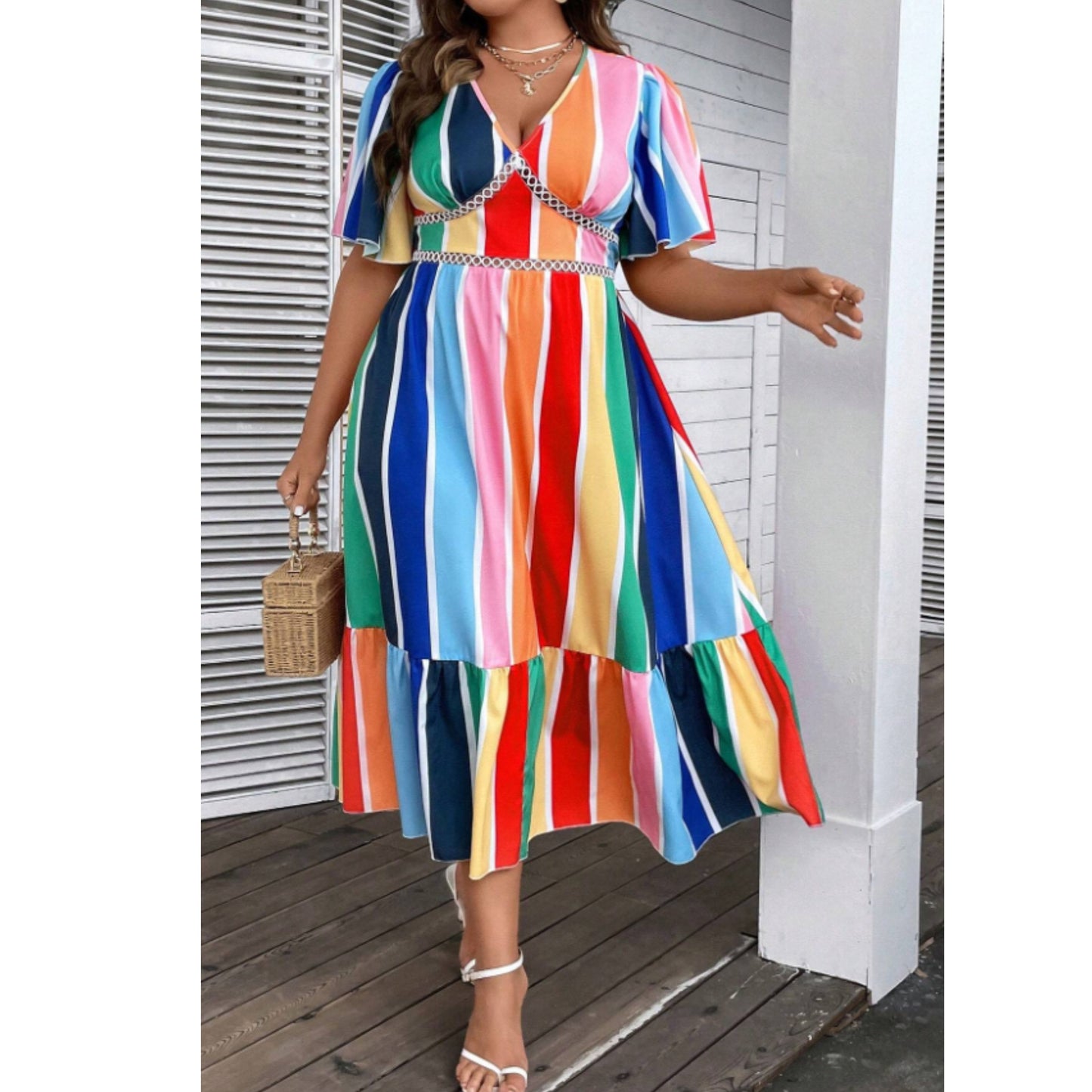 SHEIN - Rainbow Striped Print Ruffle Hem log dress