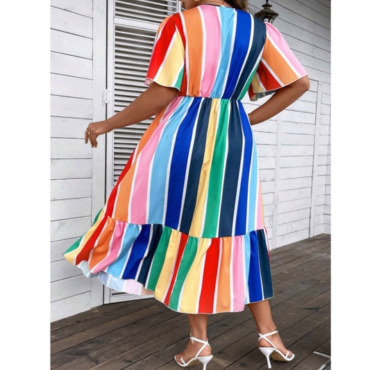 SHEIN - Rainbow Striped Print Ruffle Hem log dress